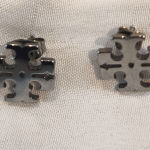Tory Burch Silver Plated/Brass Logo Stud Earrings